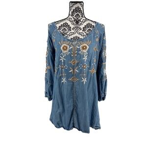 Vintage Collection Embroidered Chambray Tunic Dress Boho Western Cowgirl Cutout